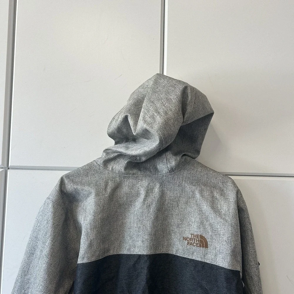 The North Face Mens L Hooded Jacket Grey Herringbone Black Colorblock Zip Up